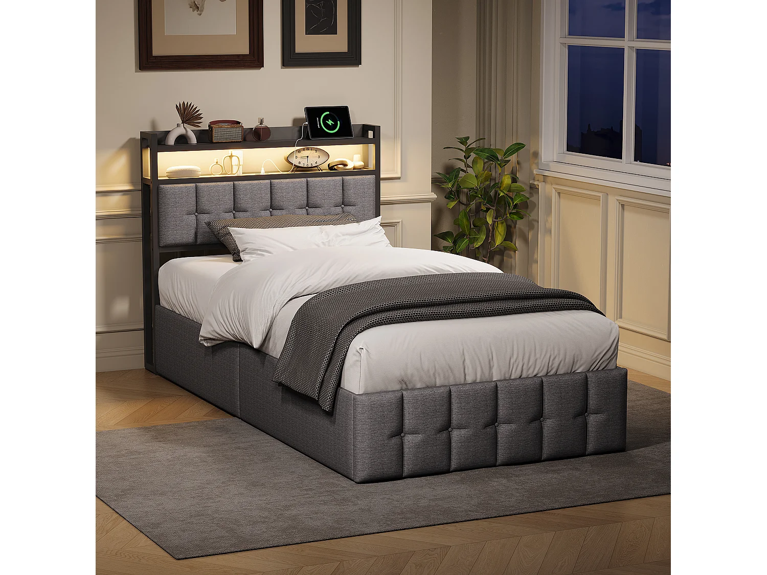 Lit 90x200 cm - avec tête de lit LED et rangement à gaz - chargeur USB-C et USB - éclairage RGB - tissu lin gris - lit double