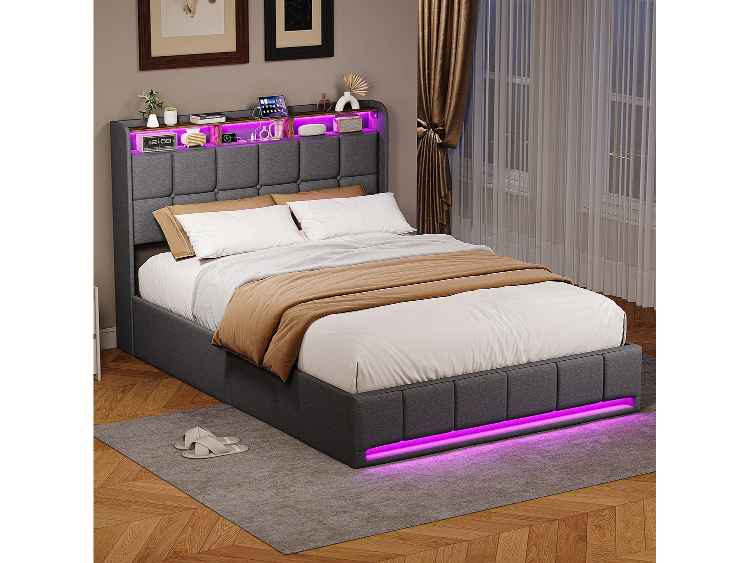 Lit 160x200 cm  - éclairage LED - coffre hydraulique - sommier à lattes - chargement USB et Type-C - tissu lin - gris