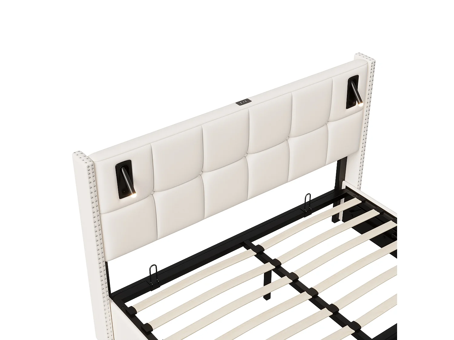 Lit Coffre 160 x 200 cm avec Éclairage LED et Port USB, avec Espace de Rangement, lit 2 Personnes pour Adultes et Adolescents,Beige