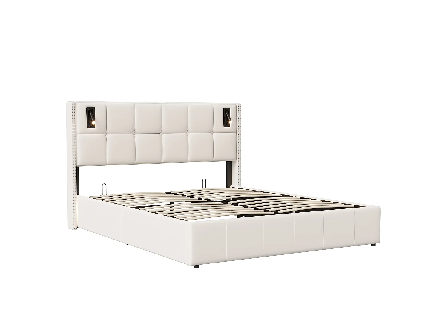 Lit Coffre 160 x 200 cm avec Éclairage LED et Port USB, avec Espace de Rangement, lit 2 Personnes pour Adultes et Adolescents,Beige
