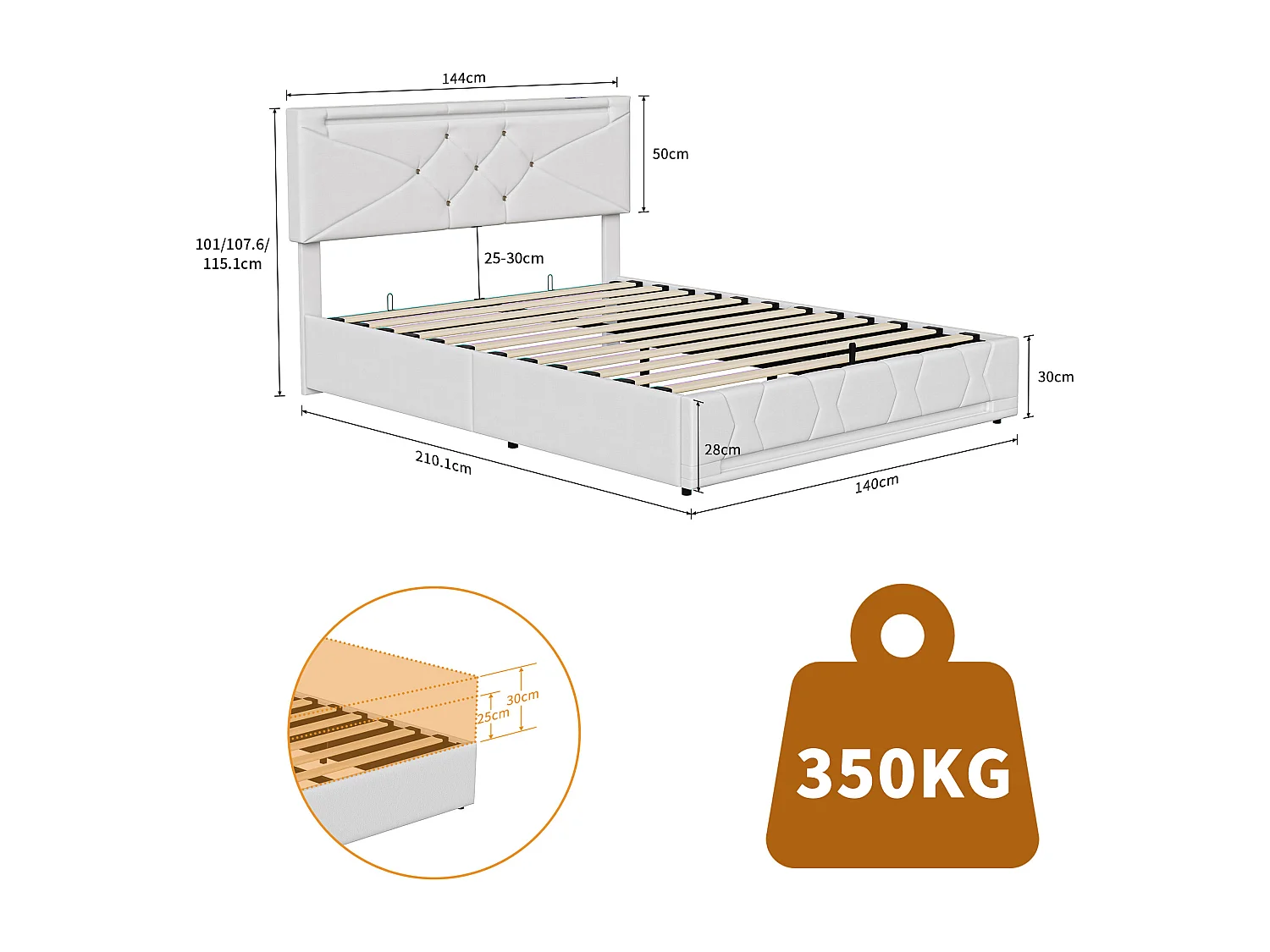 Lit coffre 140×200 cm avec LED RGB, ports USB-C/USB et tête réglable – Tissu beige, grande capacité de rangement