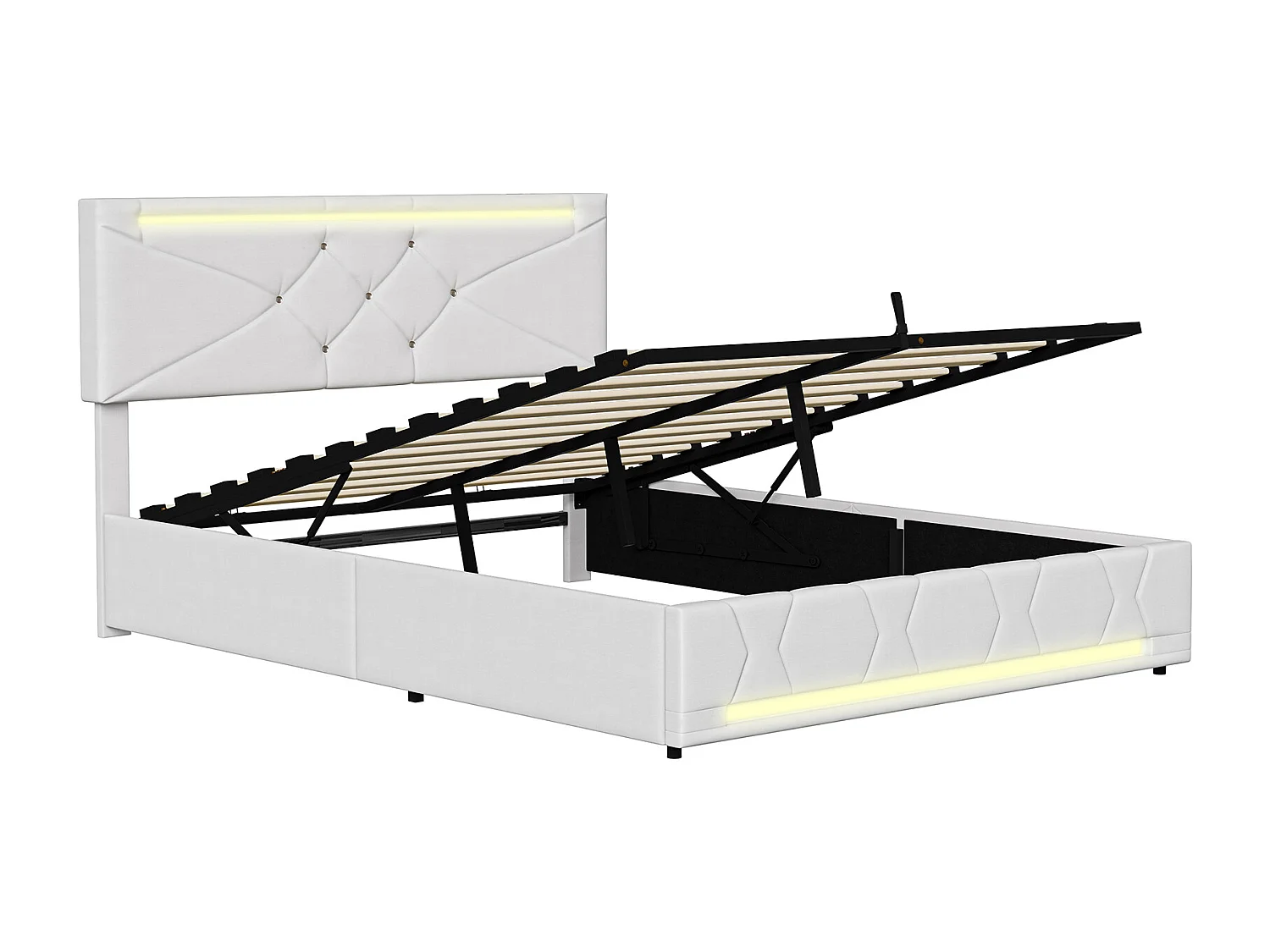 Lit coffre 140×200 cm avec LED RGB, ports USB-C/USB et tête réglable – Tissu beige, grande capacité de rangement