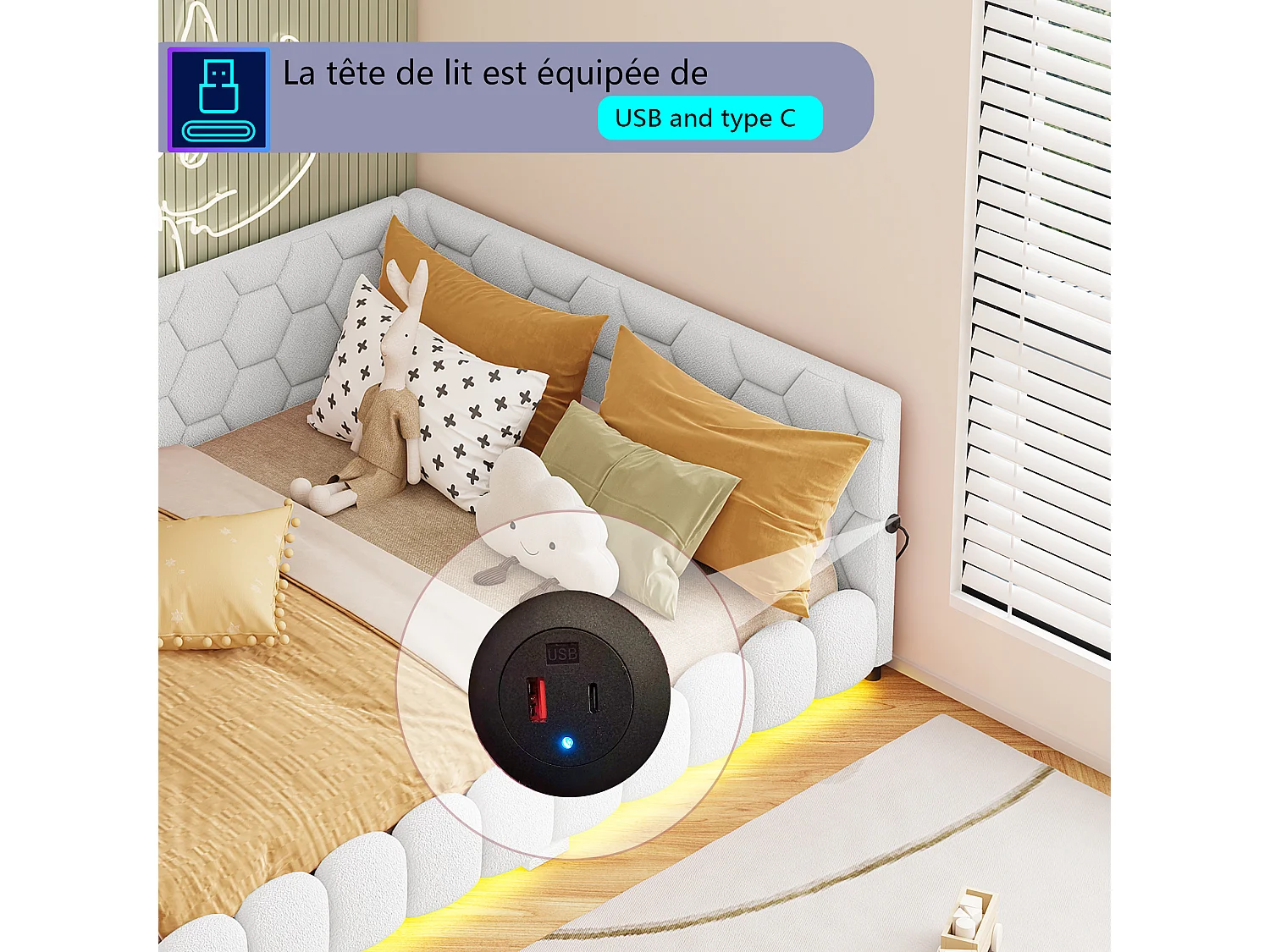 Sofá-cama de 2 lugares 140x200 com iluminação LED de 16 cores e portas USB e Tipo-C, cama de casal estofada com base de ripas, bege