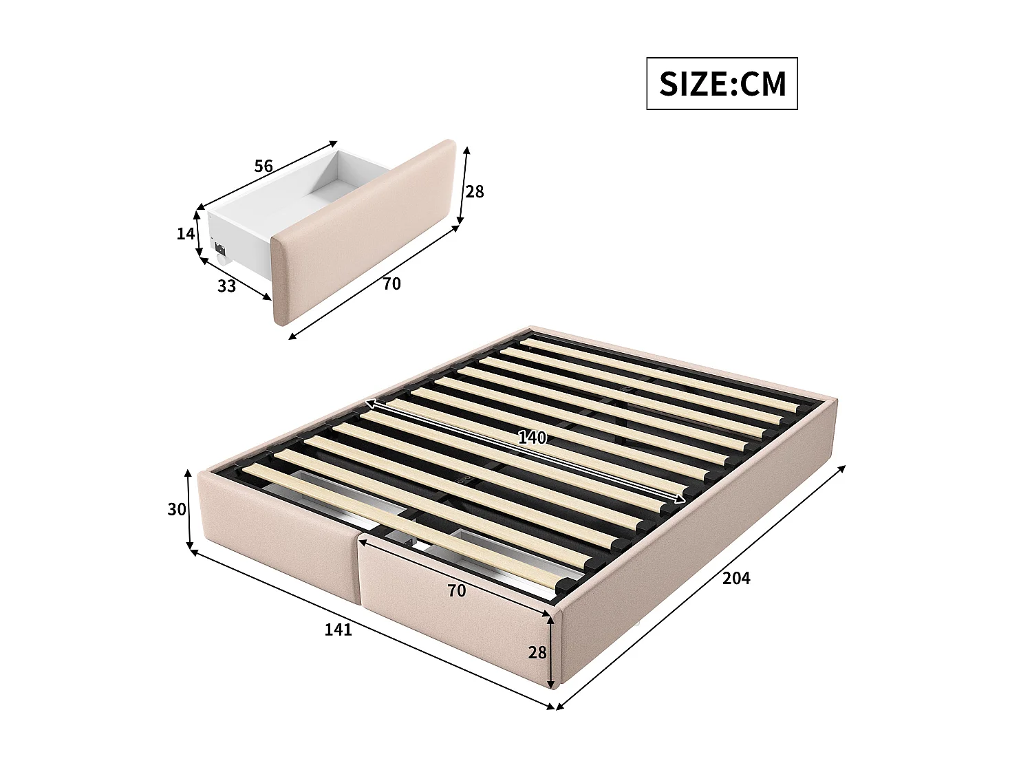 Lit 140x200 avec sommier à Lattes, Lit Double avec Espace de Rangement, Cadre de lit Flottant Moderne, Lit 2 Personnes,Beige