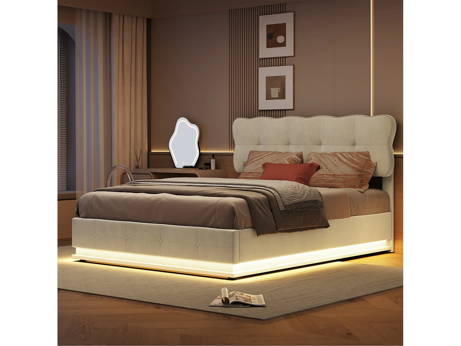 Lit coffre 160×200 cm avec LED, sommier à lattes et capitonnage – Velours beige