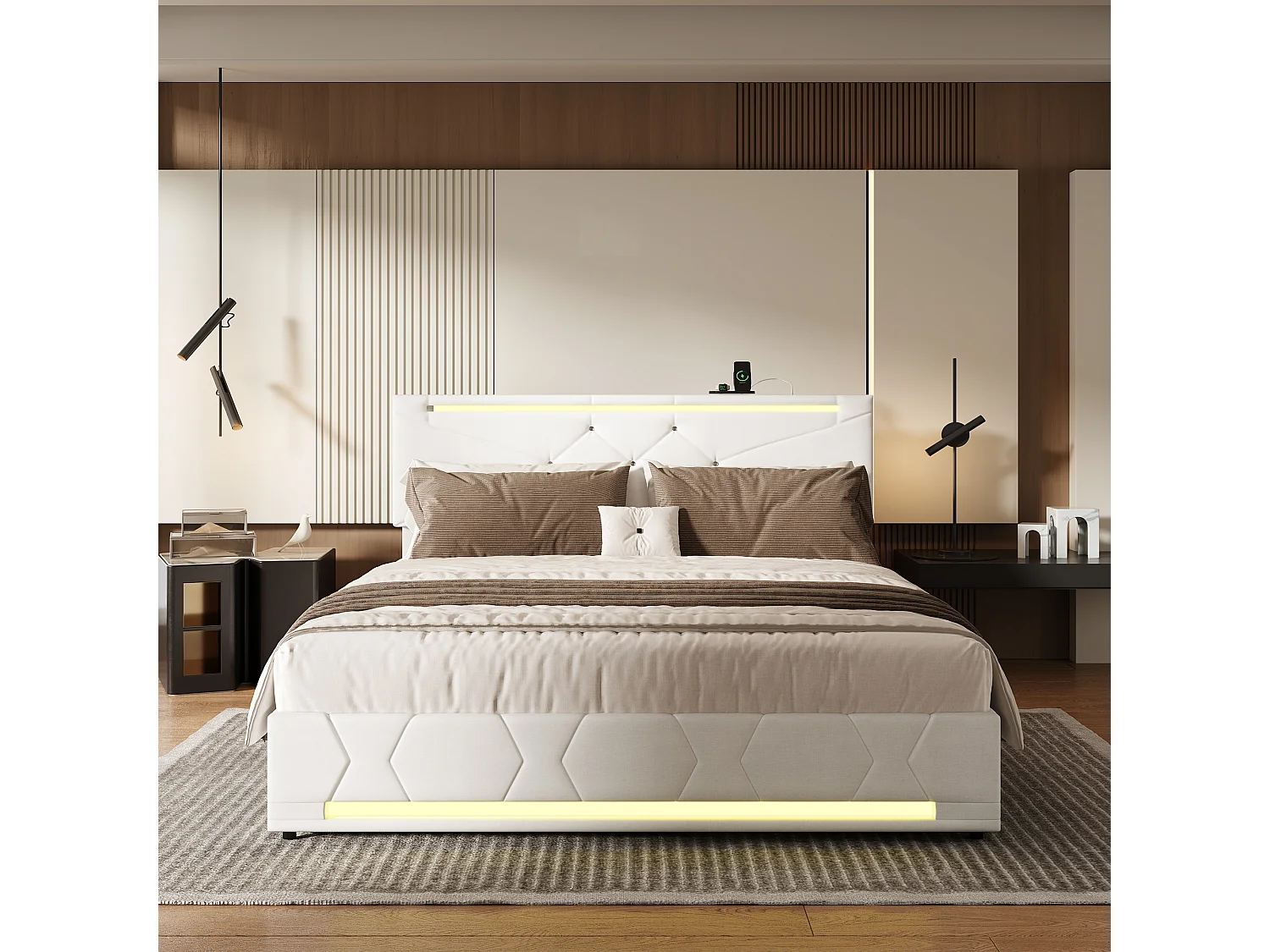 Lit coffre 160×200 cm avec LED RGB, ports USB-C/USB et tête réglable – Tissu beige, grande capacité de rangement