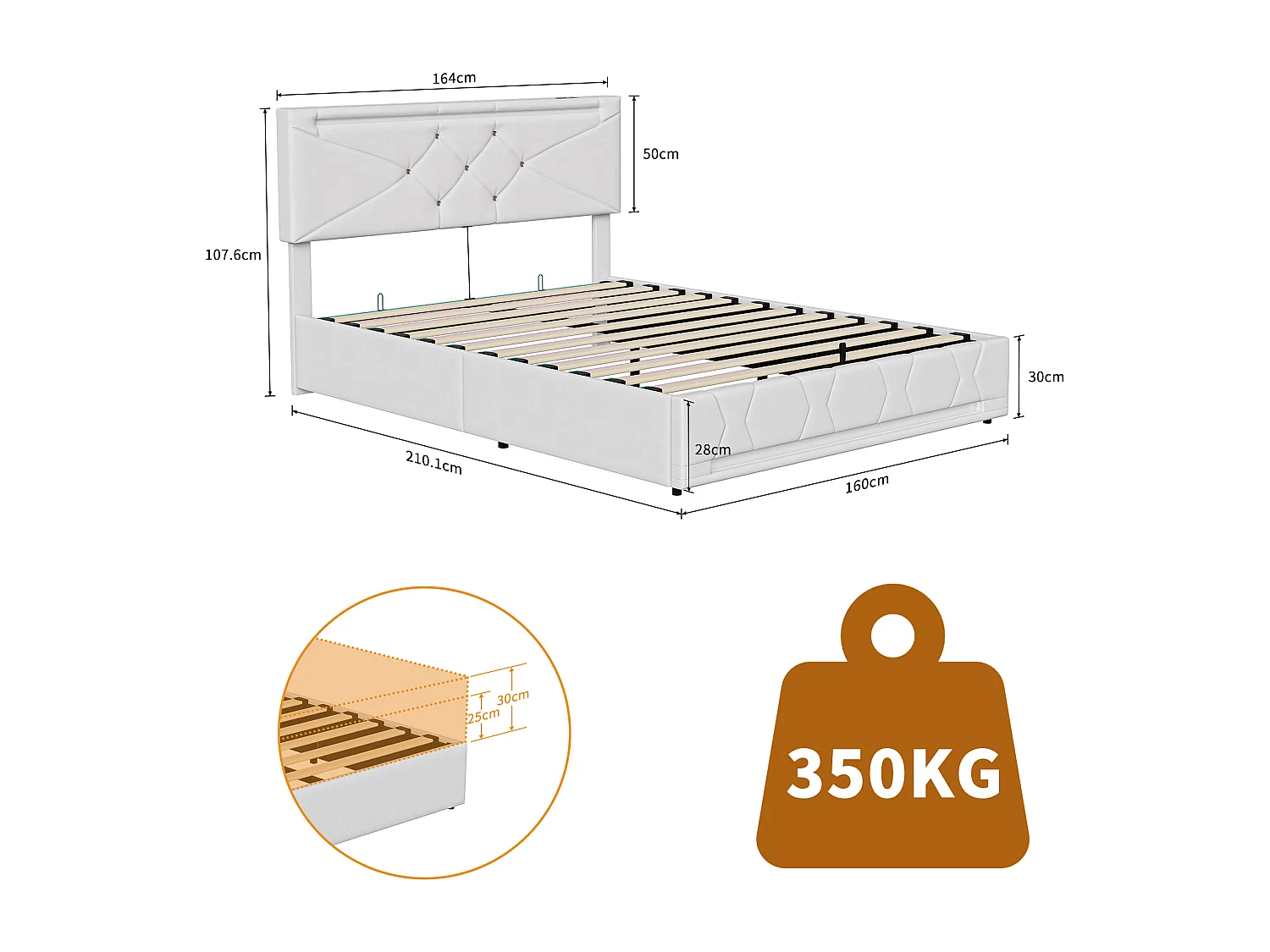 Lit coffre 160×200 cm avec LED RGB, ports USB-C/USB et tête réglable – Tissu beige, grande capacité de rangement