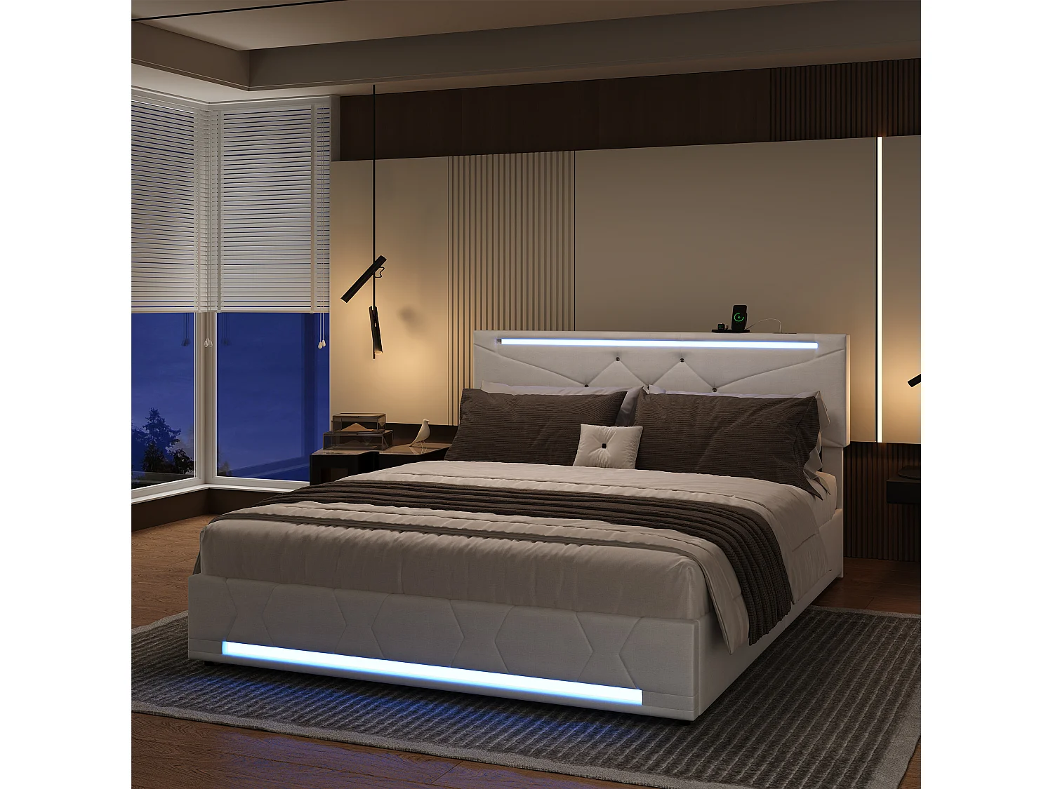 Lit coffre 160×200 cm avec LED RGB, ports USB-C/USB et tête réglable – Tissu beige, grande capacité de rangement