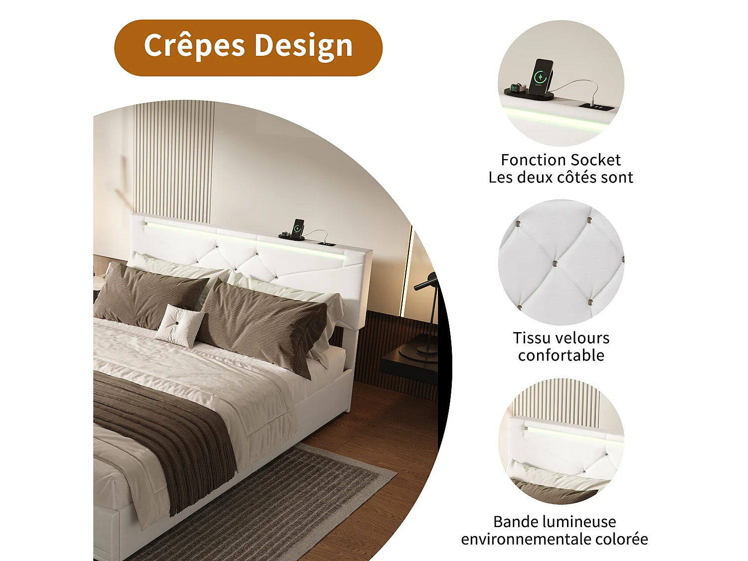 Lit coffre 160×200 cm avec LED RGB, ports USB-C/USB et tête réglable – Tissu beige, grande capacité de rangement
