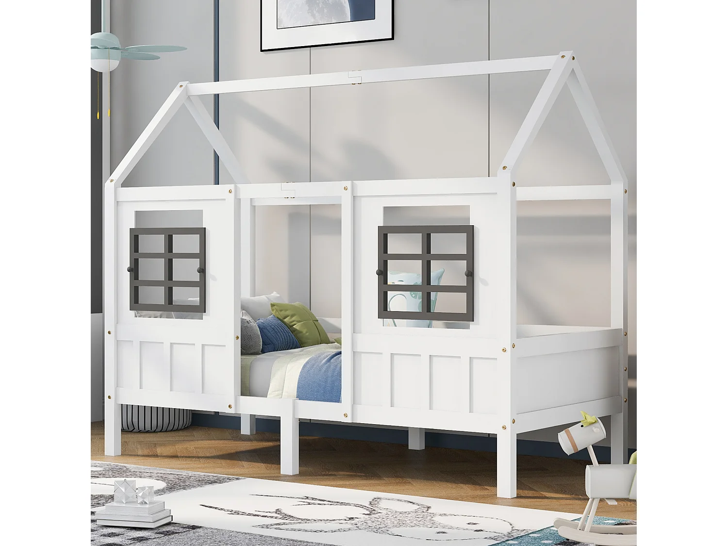 Lit cabane enfant 90x200 cm – Cadre pin + MDF, 2 fenêtres, lit de jour, blanc