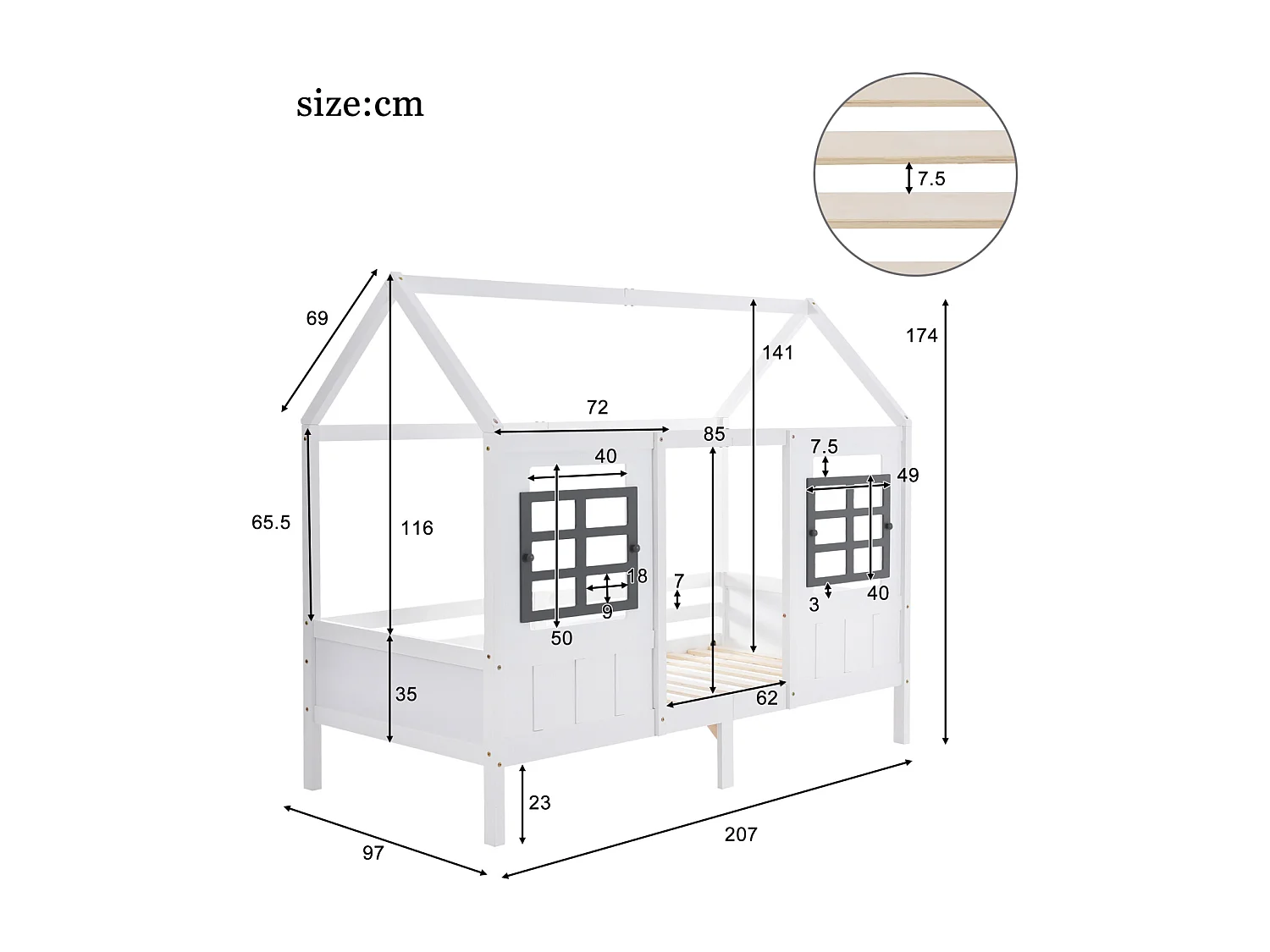 Lit cabane enfant 90x200 cm – Cadre pin + MDF, 2 fenêtres, lit de jour, blanc