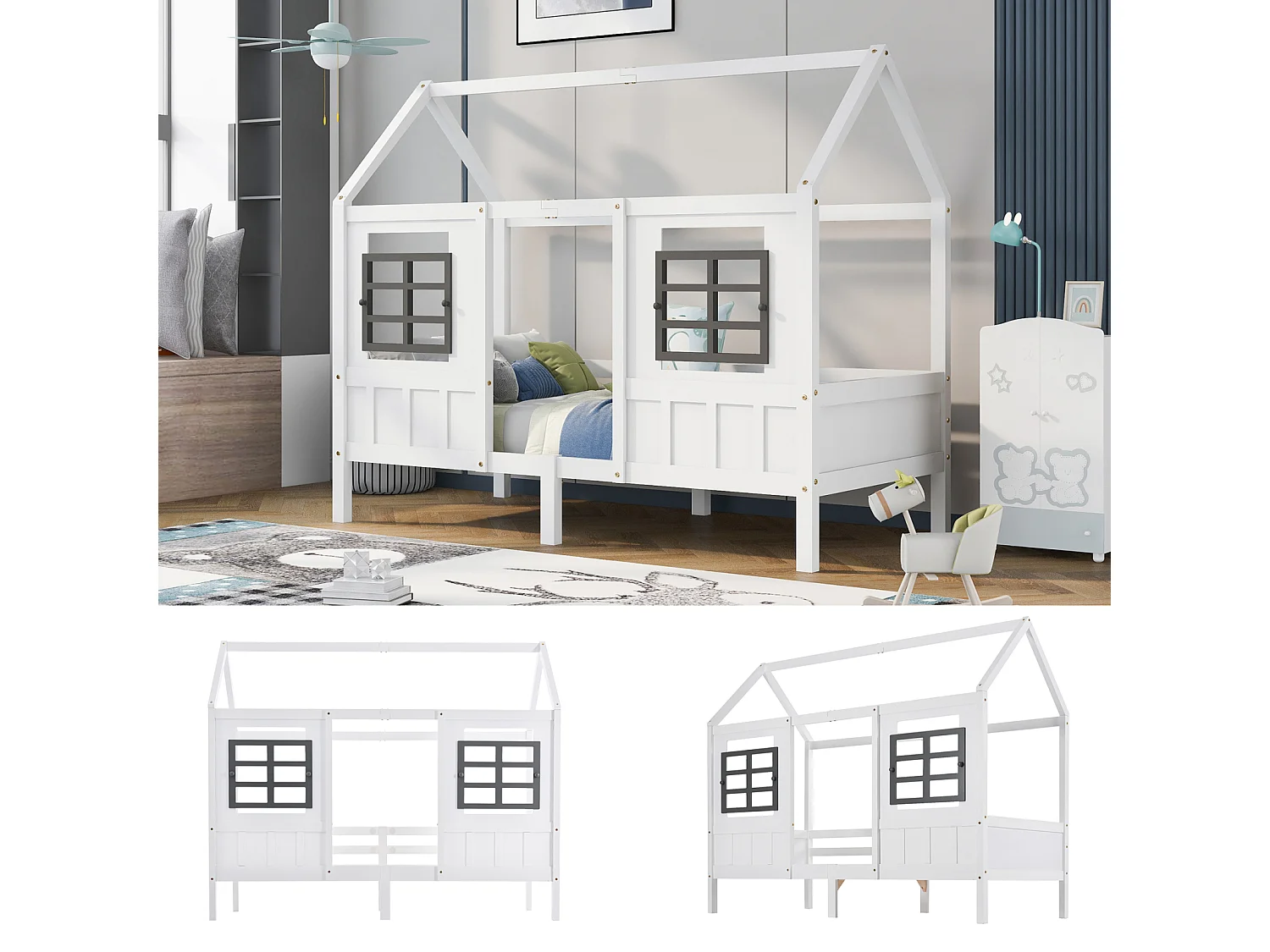 Lit cabane enfant 90x200 cm – Cadre pin + MDF, 2 fenêtres, lit de jour, blanc