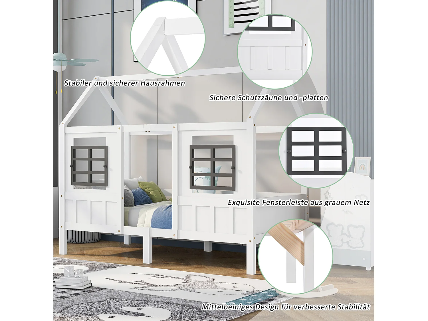 Lit cabane enfant 90x200 cm – Cadre pin + MDF, 2 fenêtres, lit de jour, blanc