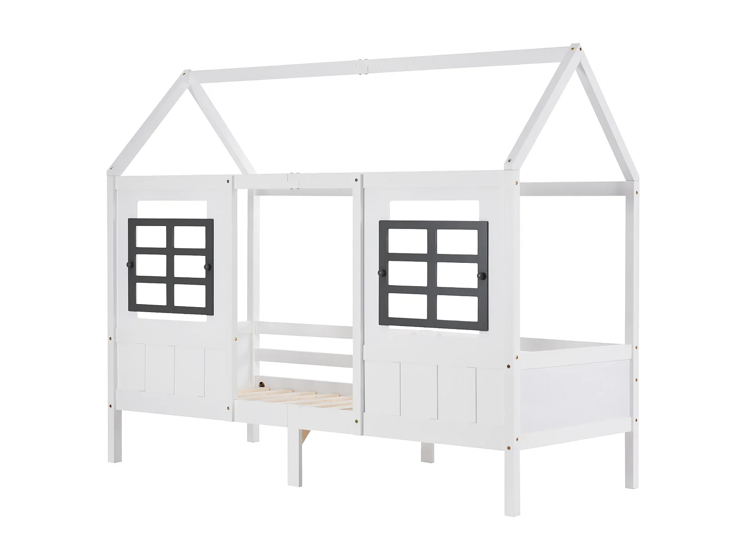 Lit cabane enfant 90x200 cm – Cadre pin + MDF, 2 fenêtres, lit de jour, blanc