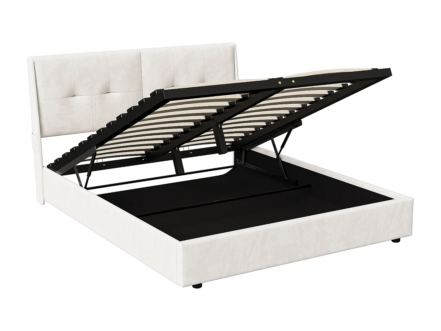 Letto matrimoniale 160x200 cm con contenitore, luci LED integrate e testiera in velluto con tasche laterali – Beige