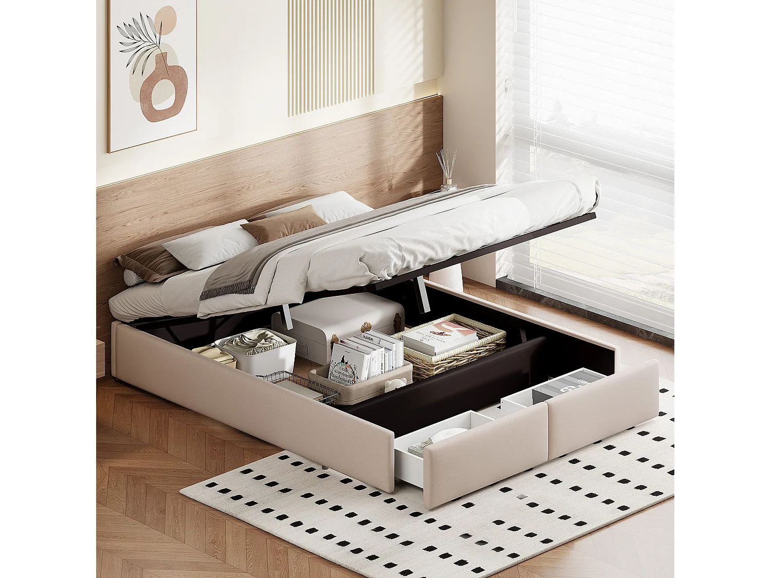 Lit 160x200 avec sommier à Lattes, Lit Double avec Espace de Rangement, Cadre de lit Flottant Moderne, Lit 2 Personnes,Beige