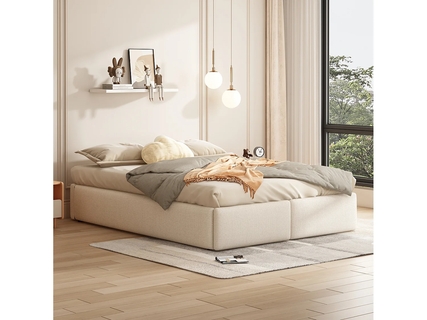 Lit 160x200 avec sommier à Lattes, Lit Double avec Espace de Rangement, Cadre de lit Flottant Moderne, Lit 2 Personnes,Beige