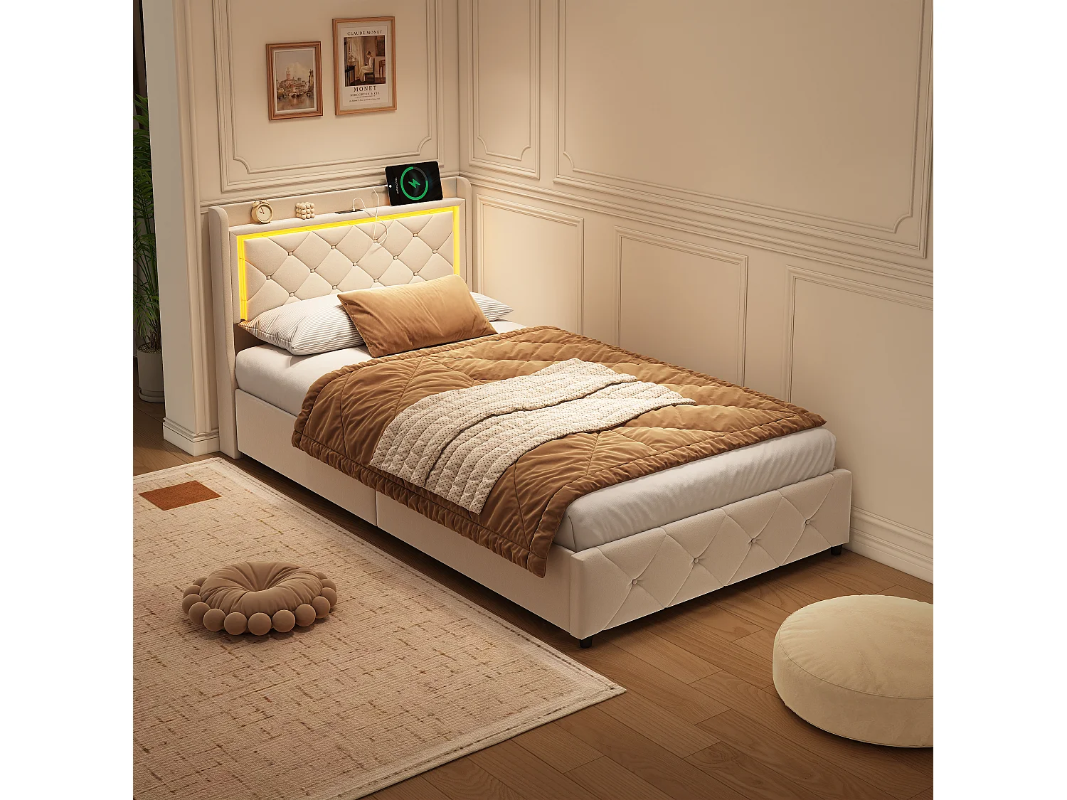 Lit coffre 90x200 cm - Lit simple 90x200 cm - Tête de lit avec chargement USB et Type-C- Lumières LED réglables  - Sommier à lattes- Velours - Beige