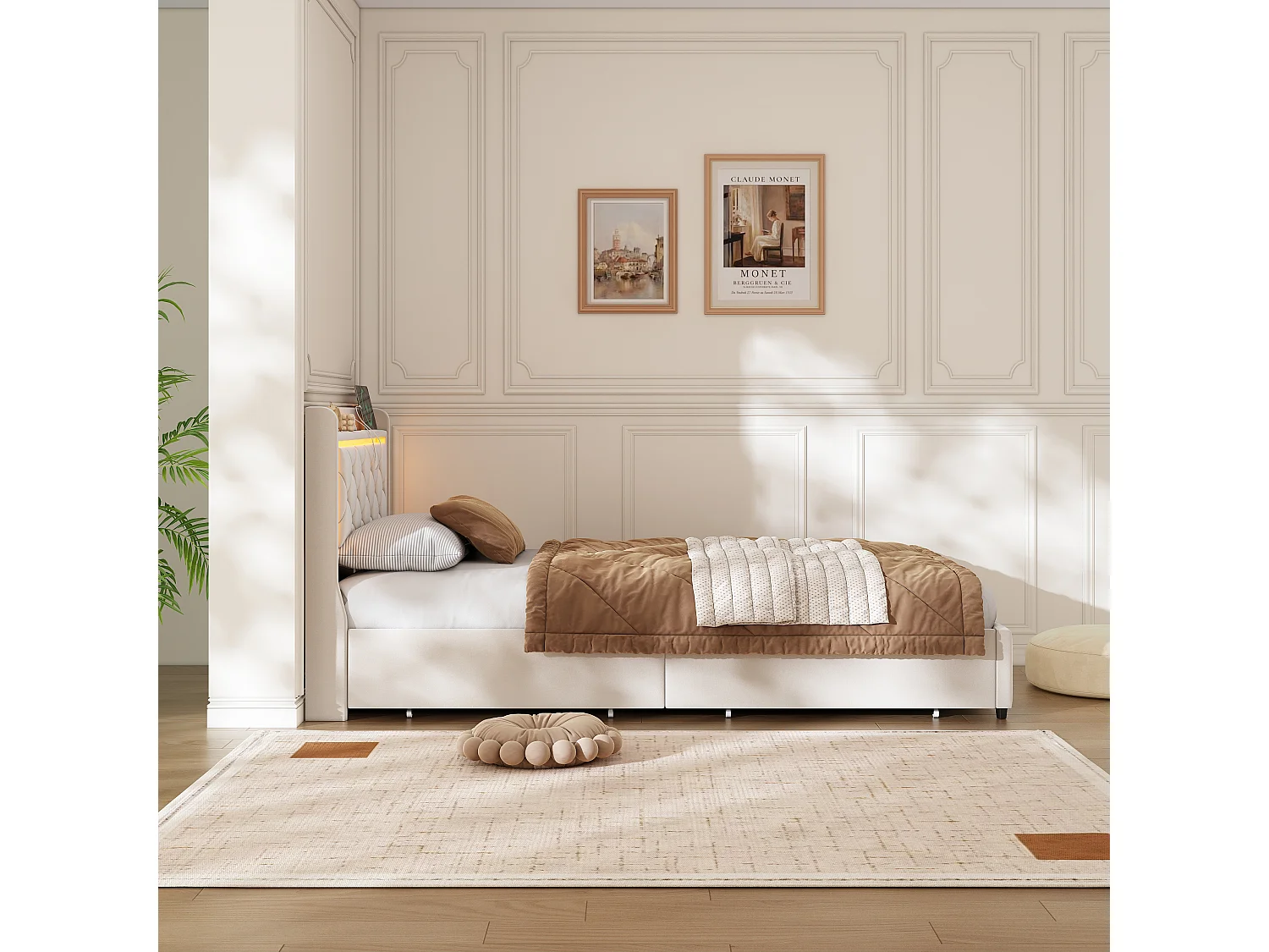 Lit coffre 90x200 cm - Lit simple 90x200 cm - Tête de lit avec chargement USB et Type-C- Lumières LED réglables  - Sommier à lattes- Velours - Beige