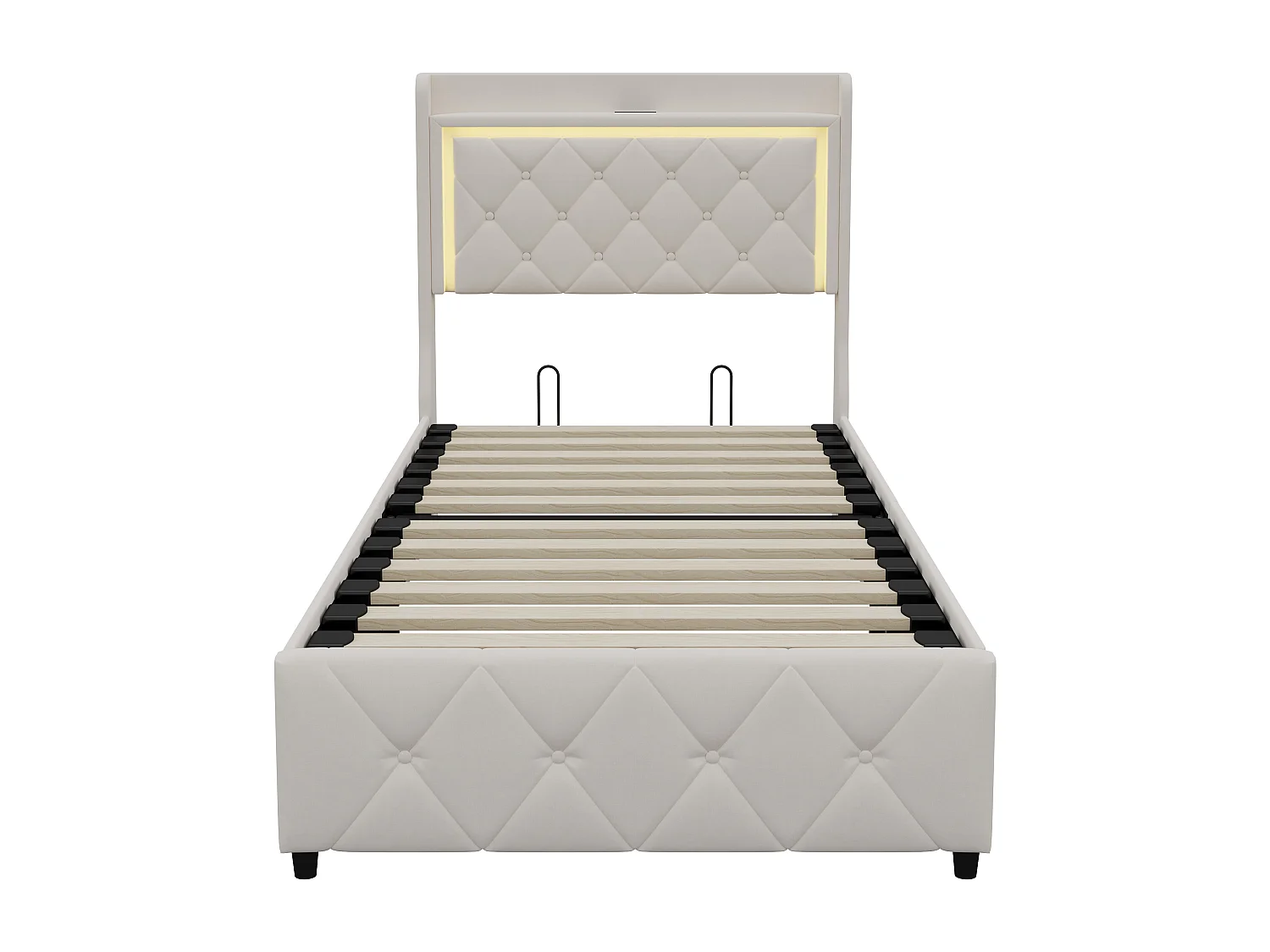 Lit coffre 90x200 cm - Lit simple 90x200 cm - Tête de lit avec chargement USB et Type-C- Lumières LED réglables  - Sommier à lattes- Velours - Beige