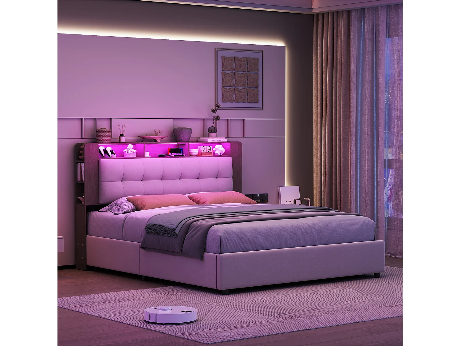 Lit coffre 140x200 cm en velours blanc – Tête de lit avec rangement – Bandes lumineuses LED – Capacité 300 kg – Montage en 45 min