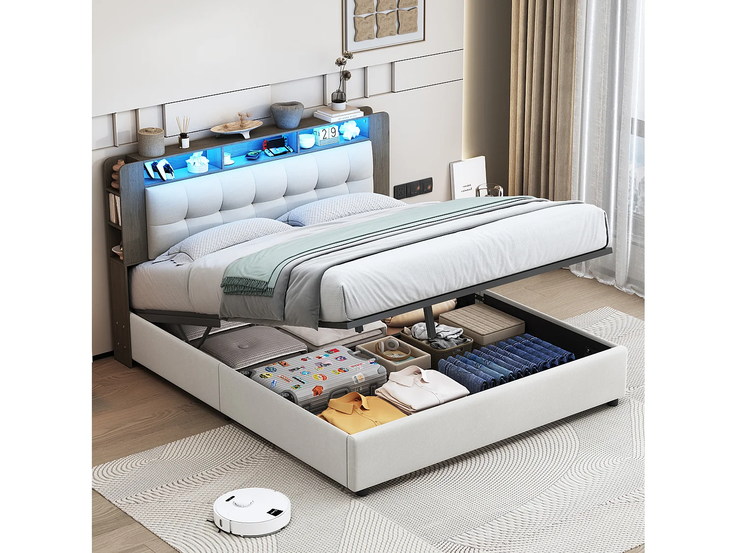 Wit fluwelen opbergbed van 140x200 cm – Hoofdbord met opbergruimte – LED-lichtstrips – Draagvermogen van 300 kg – Montage in 45 minuten