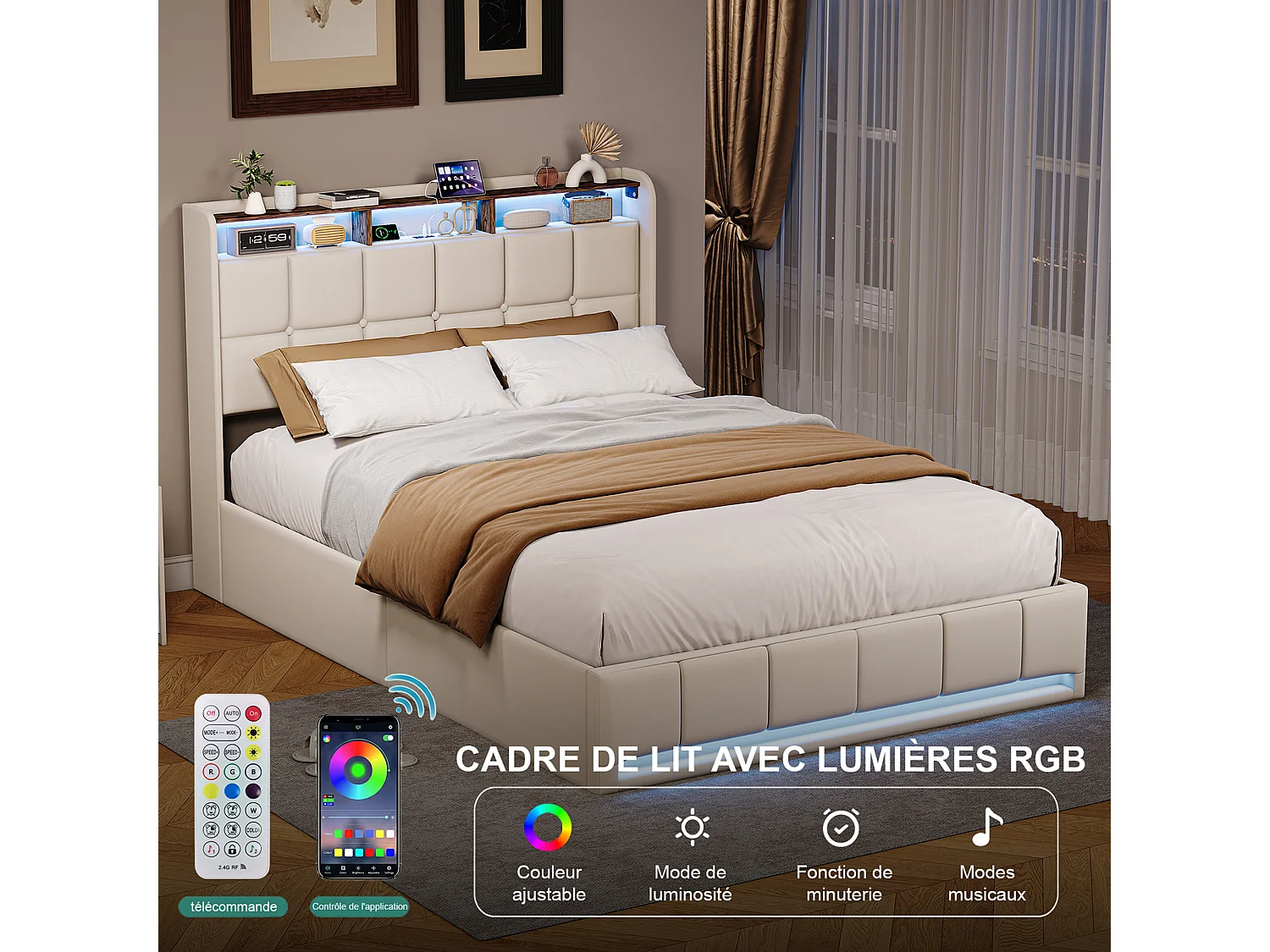 Lit 140x190 cm  - éclairage LED - coffre hydraulique - sommier à lattes - chargement USB et Type-C - tissu lin - beige