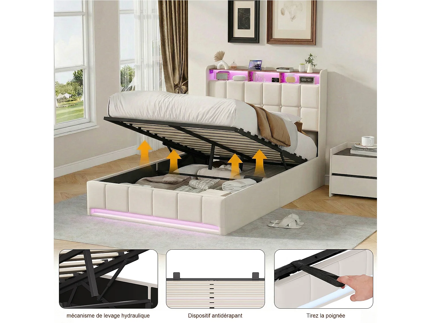 Lit 140x190 cm  - éclairage LED - coffre hydraulique - sommier à lattes - chargement USB et Type-C - tissu lin - beige