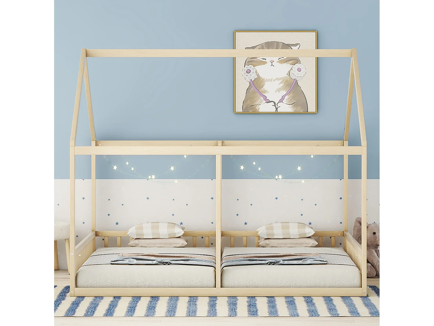 Cama tipo cabaña para 2 niños de 90x200 cm – Cama con forma de casita para 2 niños, color natural