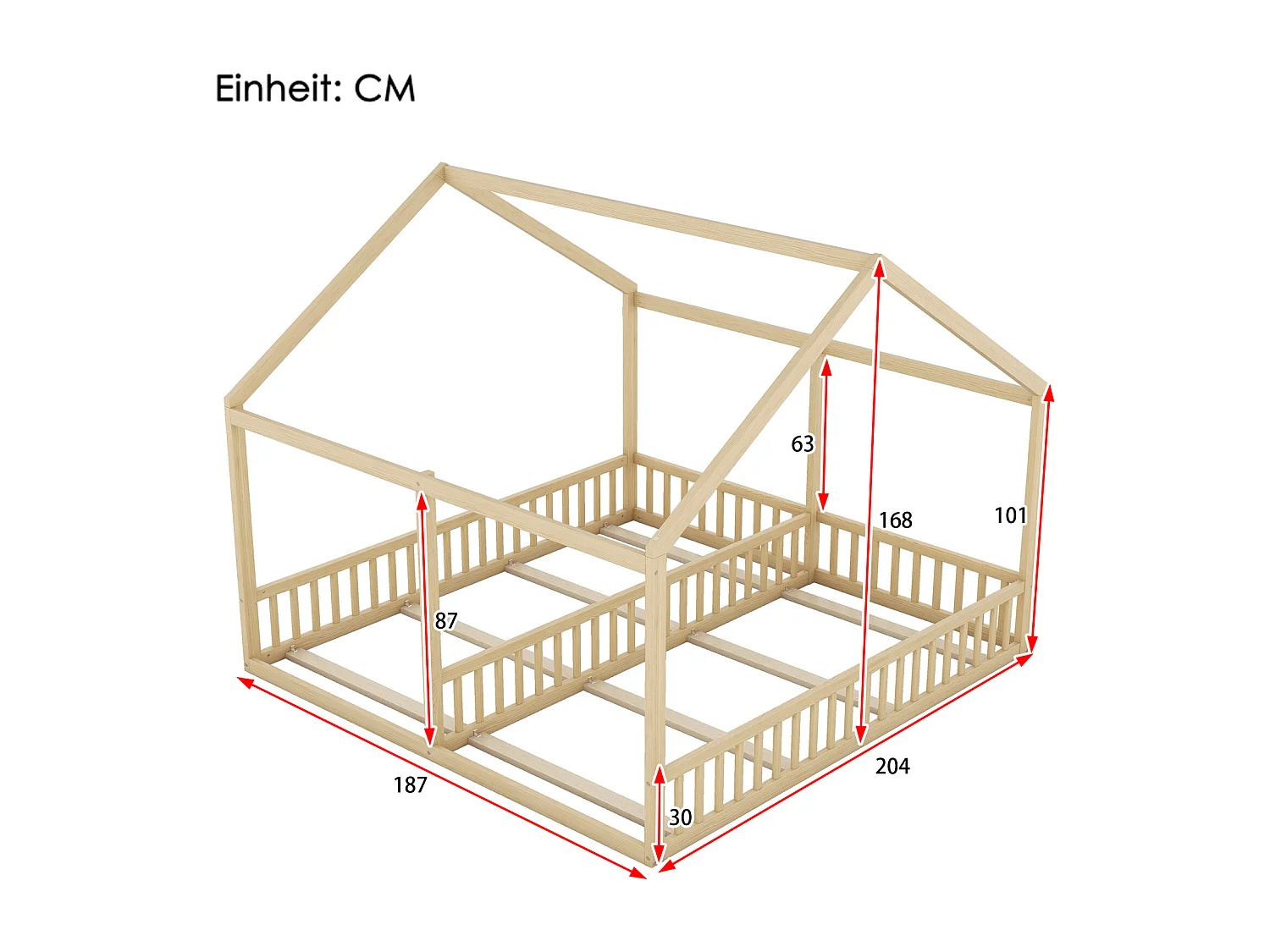 Cama tipo cabaña para 2 niños de 90x200 cm – Cama con forma de casita para 2 niños, color natural