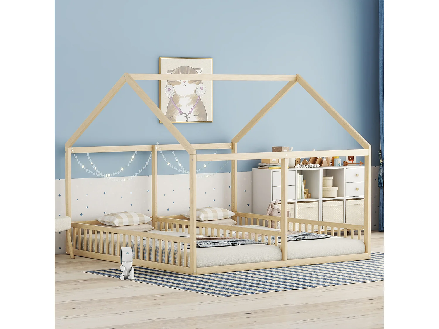 Cama tipo cabaña para 2 niños de 90x200 cm – Cama con forma de casita para 2 niños, color natural