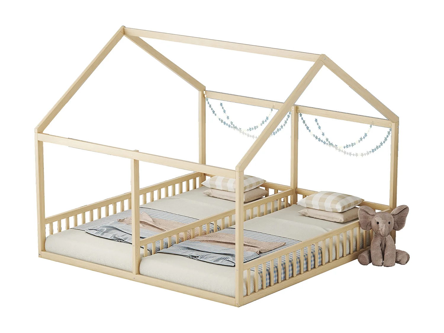 Cama tipo cabaña para 2 niños de 90x200 cm – Cama con forma de casita para 2 niños, color natural