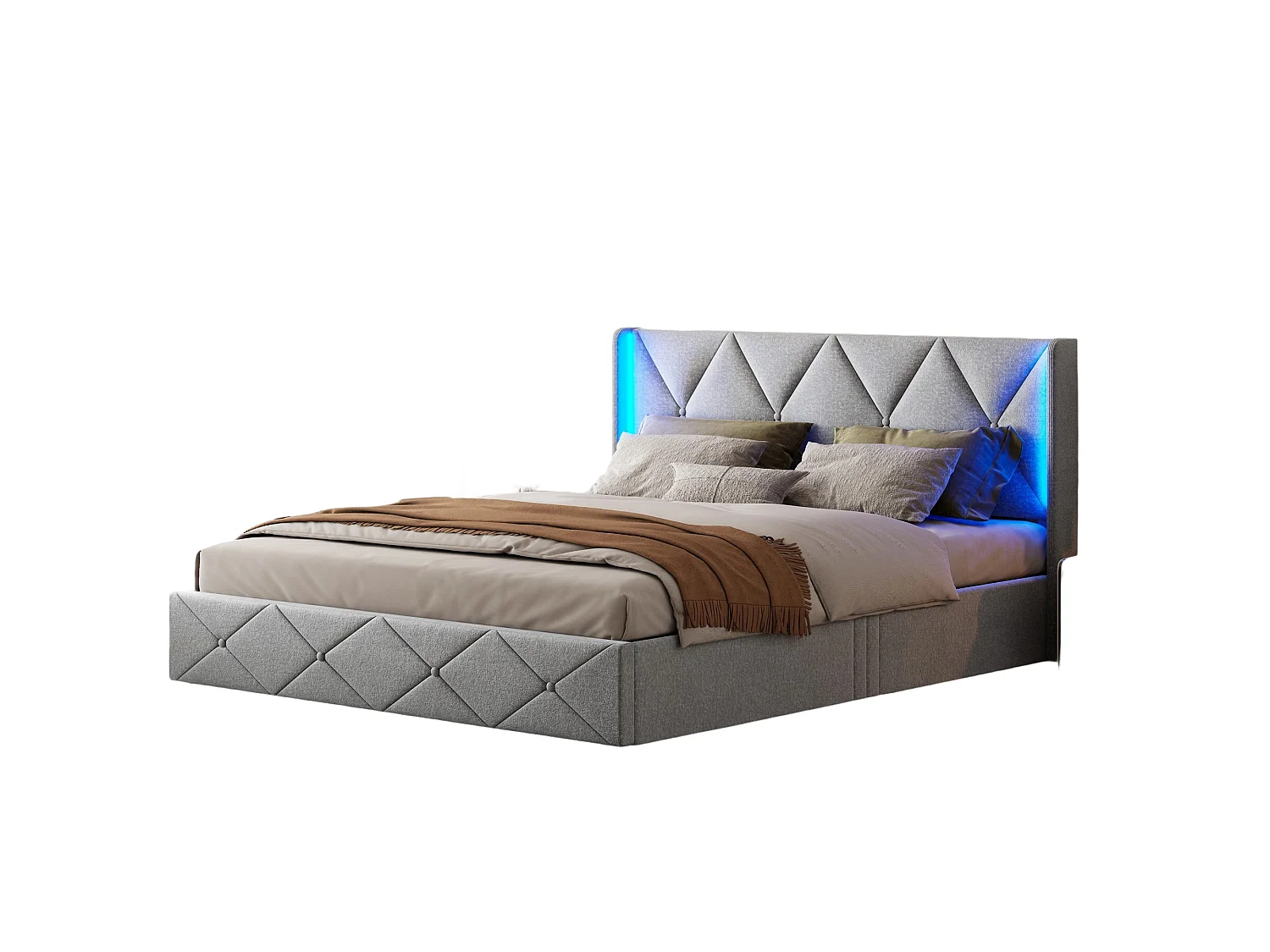 Cama con almacenamiento de 160x200 cm con iluminación LED y cabecero – Tapizada con somier de láminas, color gris.