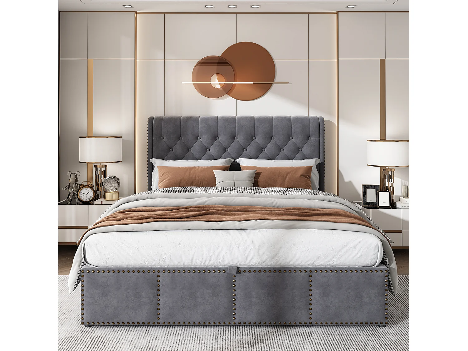 Cama de casal com arrumação 160x200 cm - 2 pessoas - Tecido de veludo - Base de ripas - Cinza - Estilo escandinavo