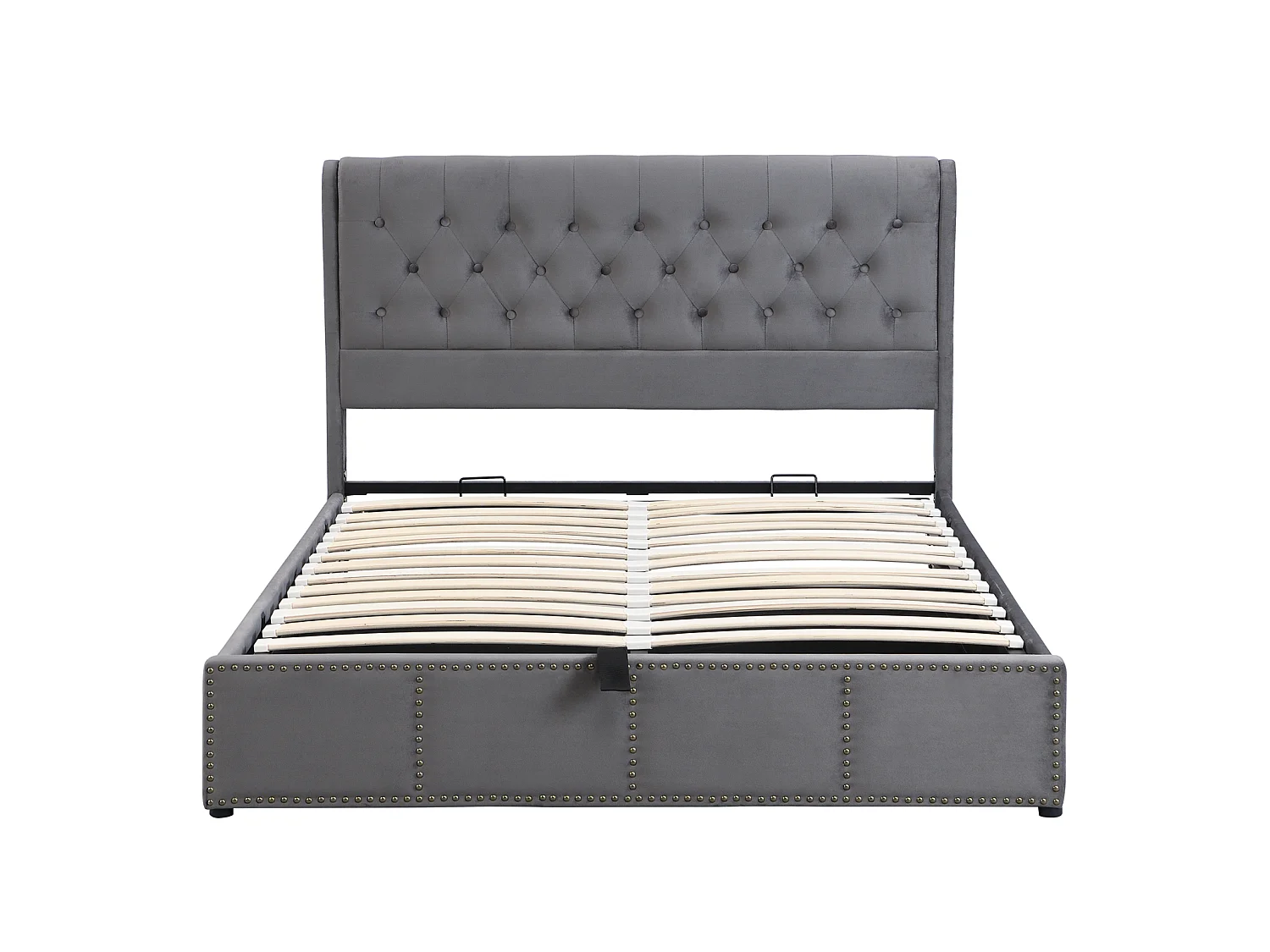 Cama de casal com arrumação 160x200 cm - 2 pessoas - Tecido de veludo - Base de ripas - Cinza - Estilo escandinavo