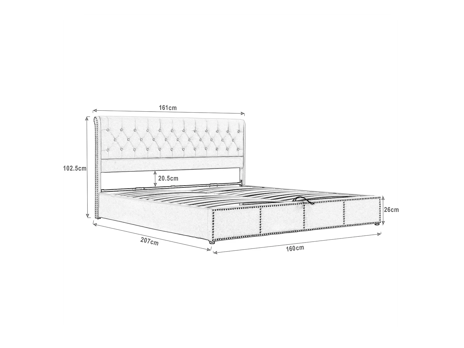 Cama de casal com arrumação 160x200 cm - 2 pessoas - Tecido de veludo - Base de ripas - Cinza - Estilo escandinavo