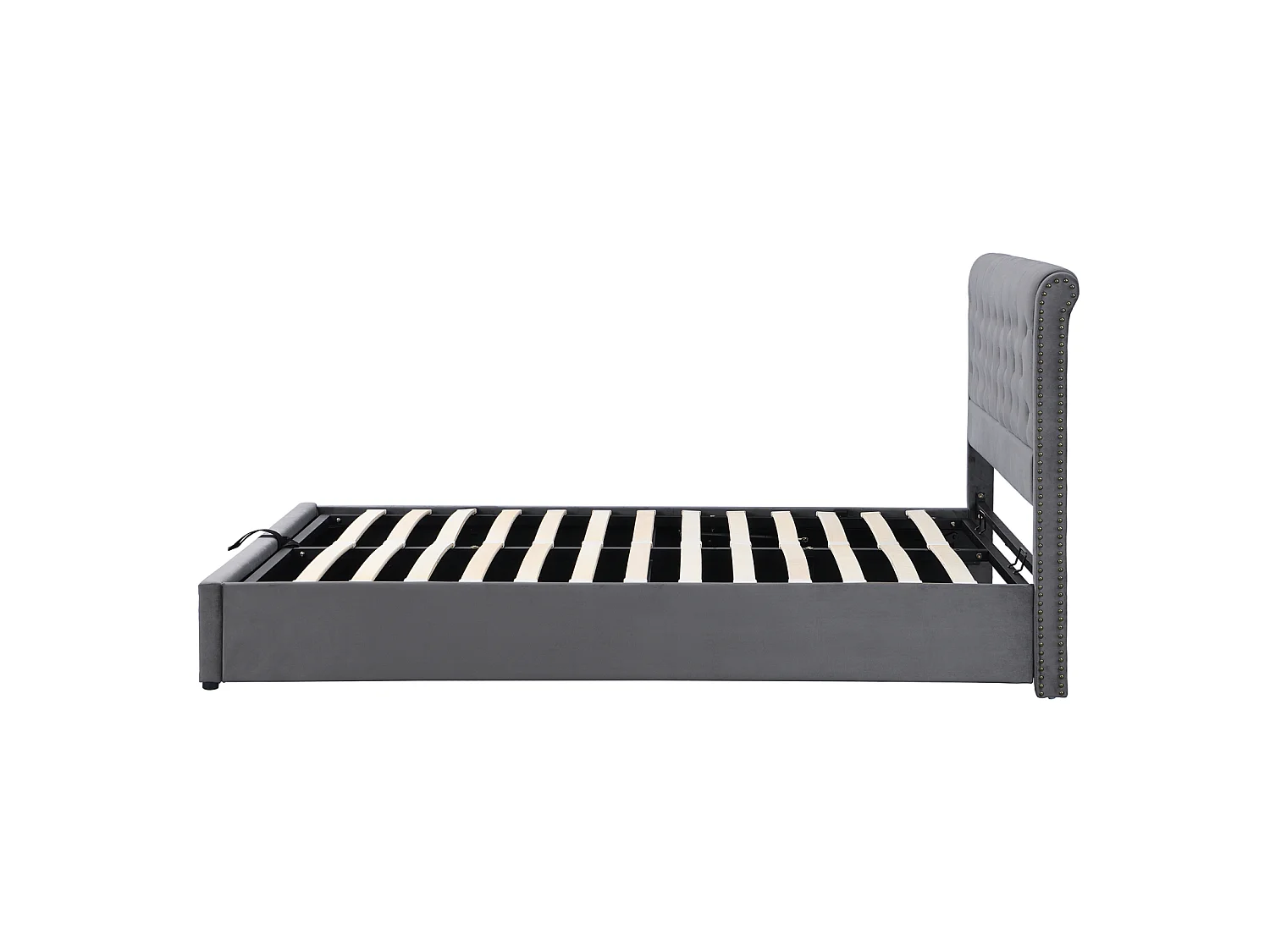 Cama de casal com arrumação 160x200 cm - 2 pessoas - Tecido de veludo - Base de ripas - Cinza - Estilo escandinavo