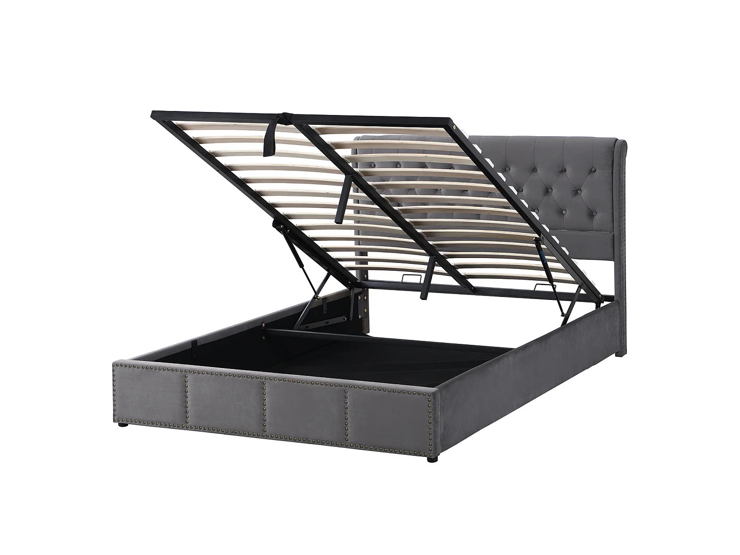 Cama de casal com arrumação 160x200 cm - 2 pessoas - Tecido de veludo - Base de ripas - Cinza - Estilo escandinavo