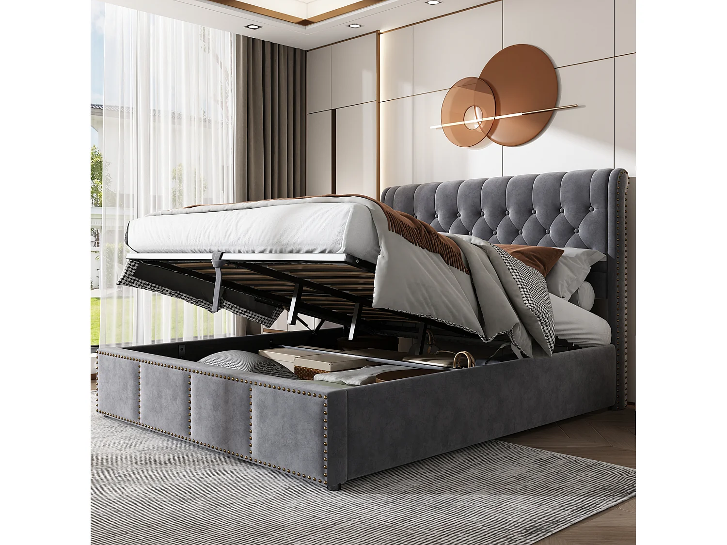 Cama de casal com arrumação 160x200 cm - 2 pessoas - Tecido de veludo - Base de ripas - Cinza - Estilo escandinavo