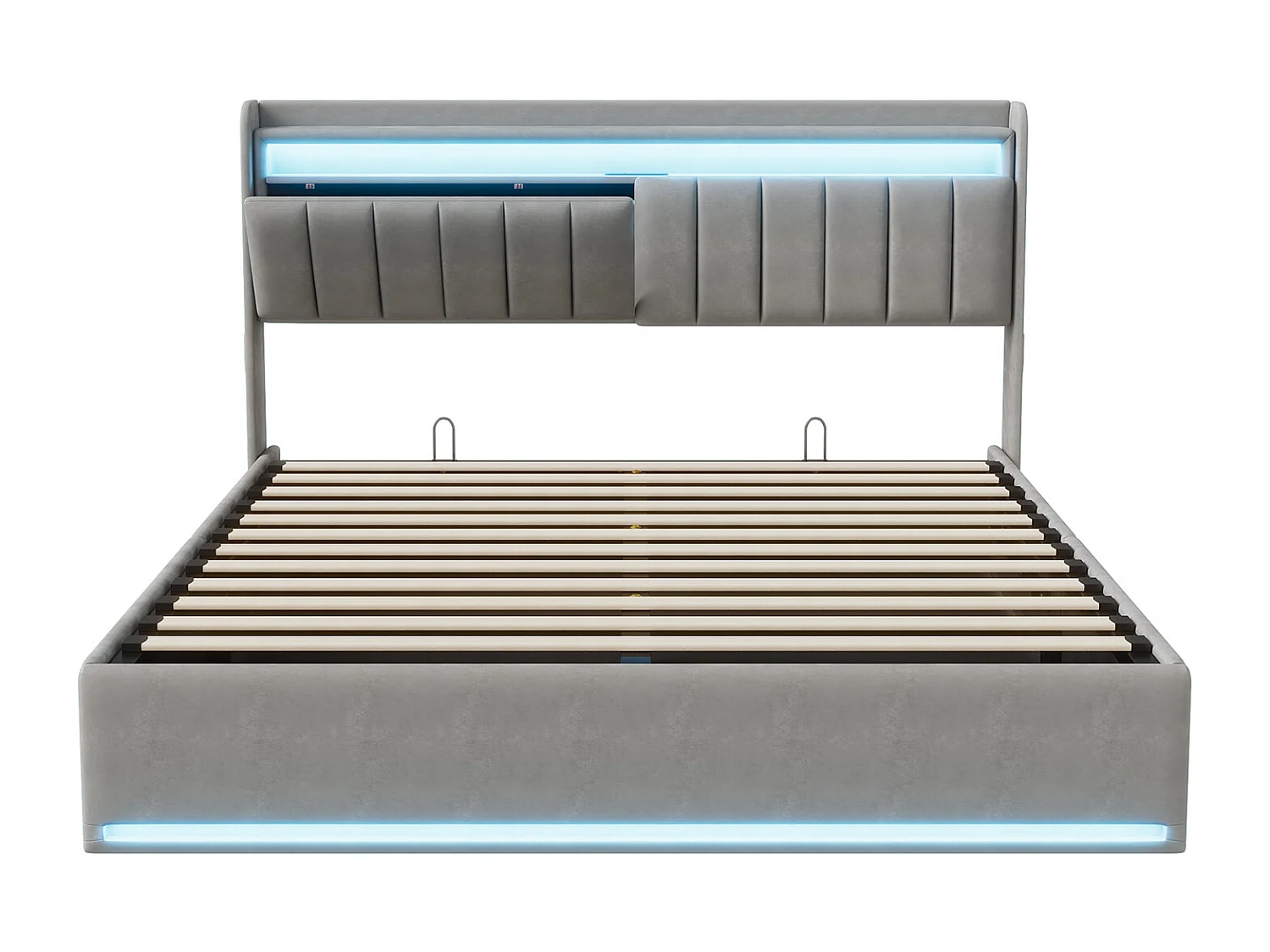 Lit rembourré 140×190 cm avec recharge USB, lit coffre LED et tête de lit avec rangement, sommier à lattes hydraulique – Lit double pour jeune