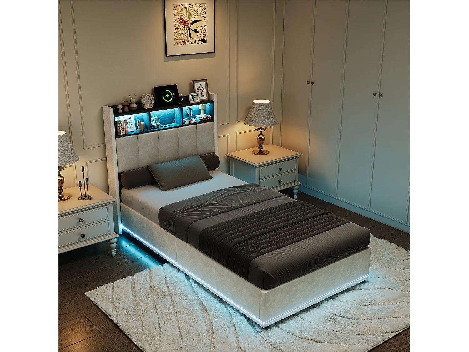 Lit 90×200 cm coffre avec LED, sommier à lattes, ports USB et Type-C – Velours Blanc