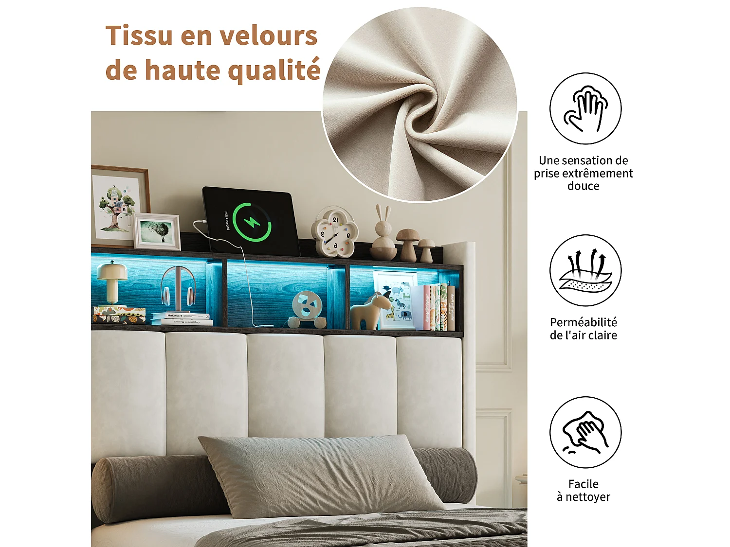 Lit 90×200 cm coffre avec LED, sommier à lattes, ports USB et Type-C – Velours Blanc