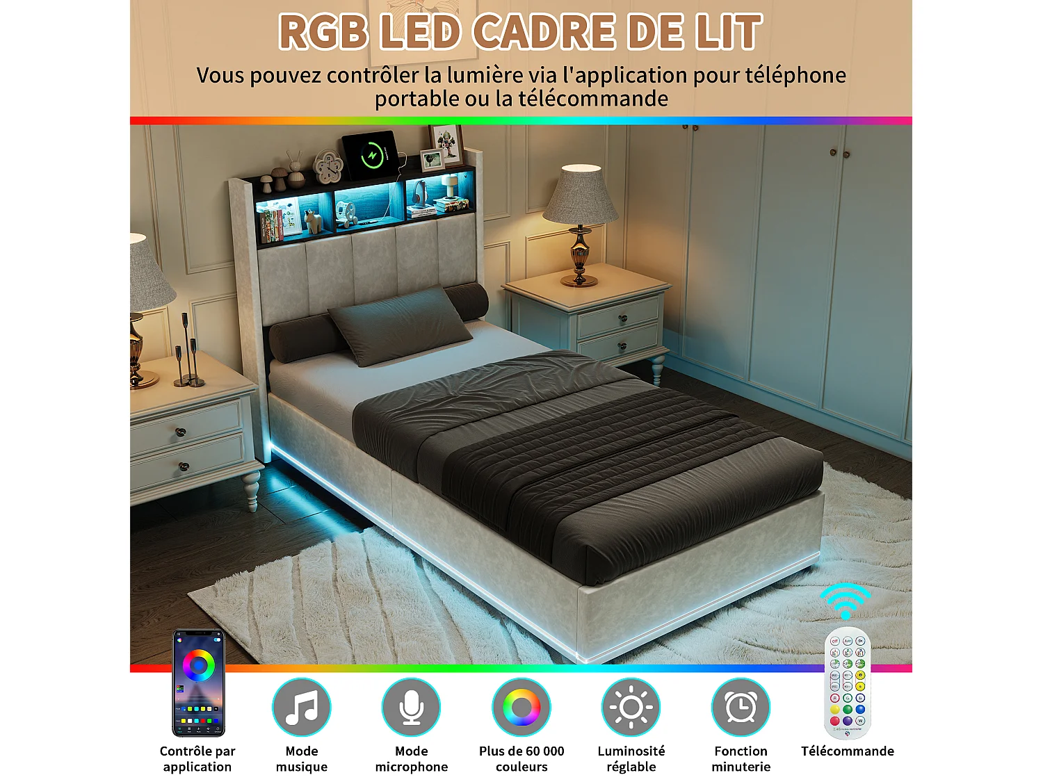 Lit 90×200 cm coffre avec LED, sommier à lattes, ports USB et Type-C – Velours Blanc