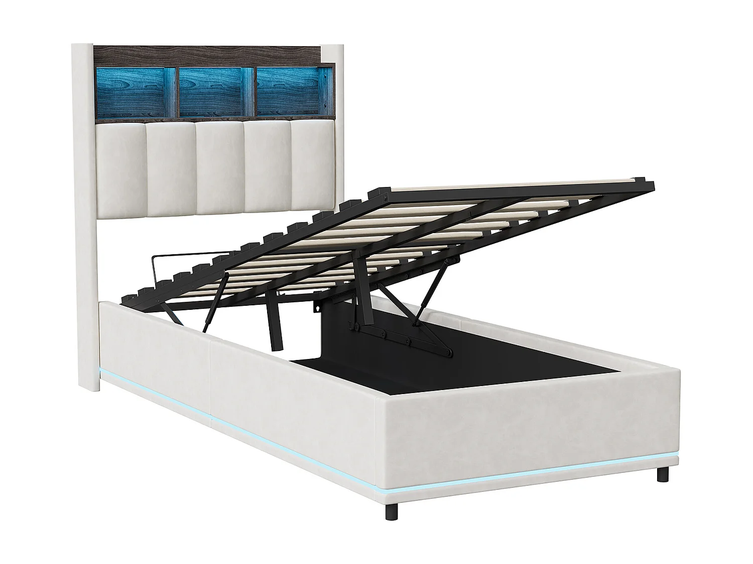 Lit 90×200 cm coffre avec LED, sommier à lattes, ports USB et Type-C – Velours Blanc