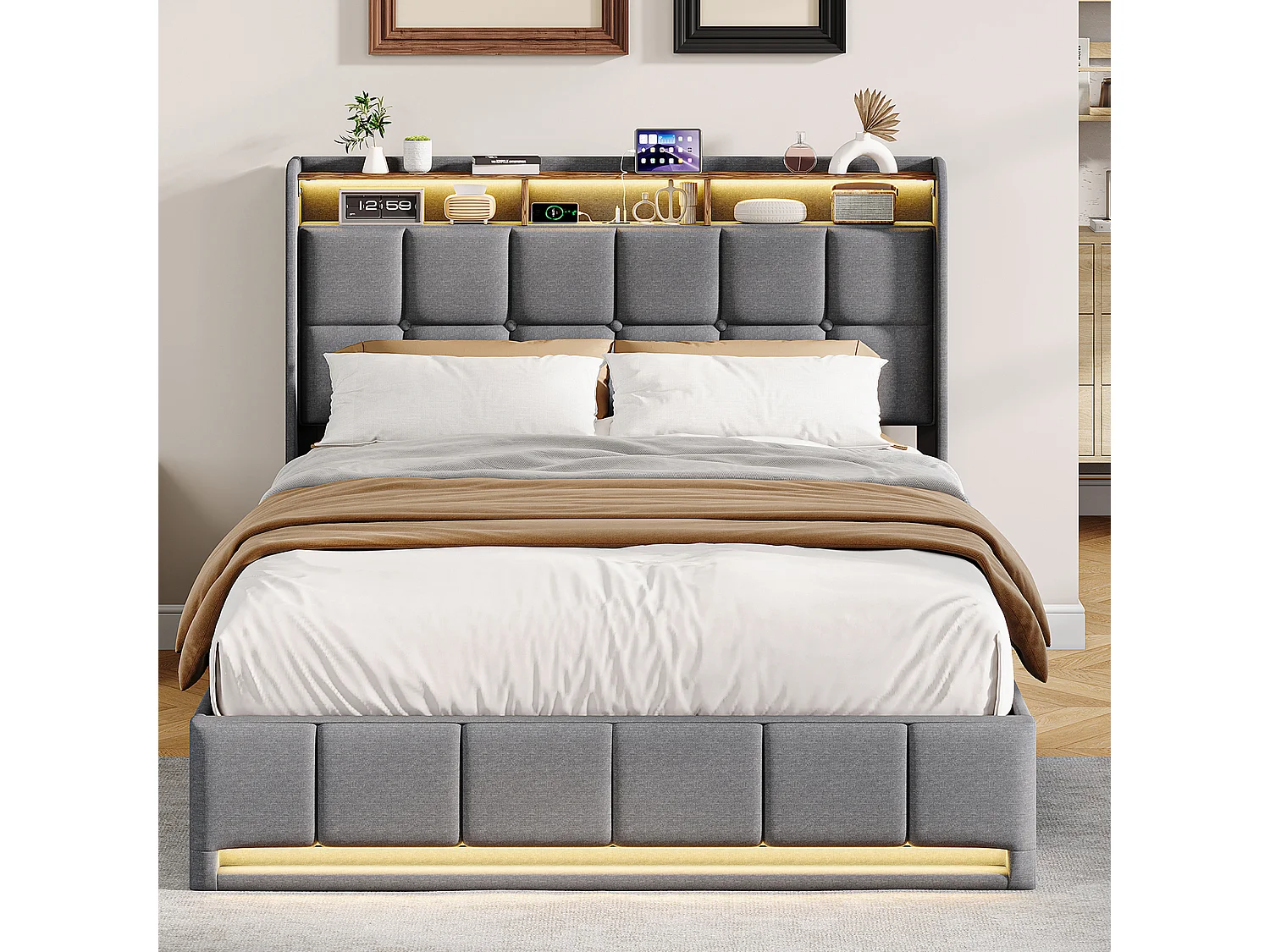 Lit 140x190 cm  - éclairage LED - coffre hydraulique - sommier à lattes - chargement USB et Type-C - tissu lin - gris