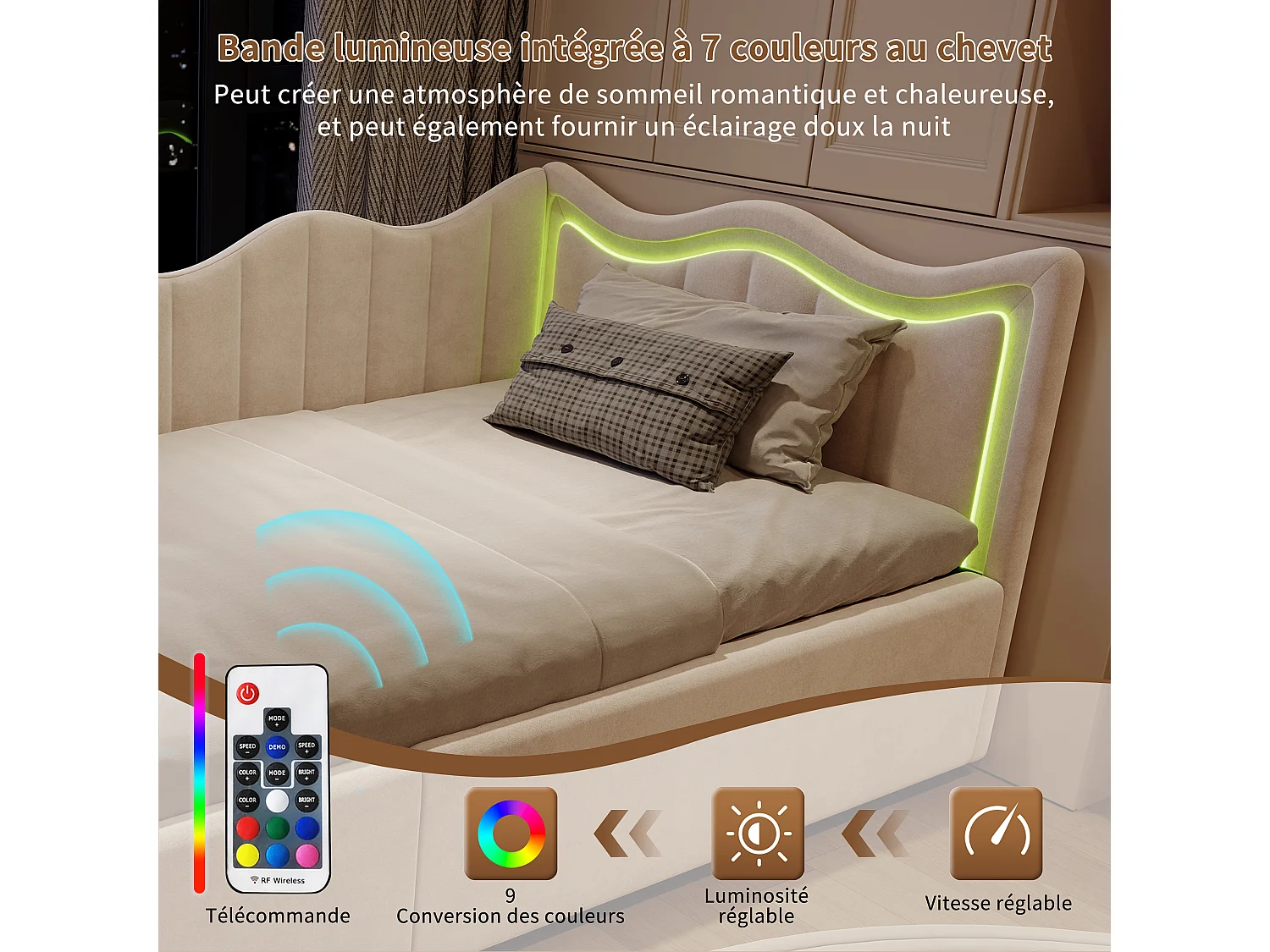 Sofá-cama infantil 90×200 cm com compartimento de arrumação e luzes LED multicoloridas – Tecido de pelúcia bege