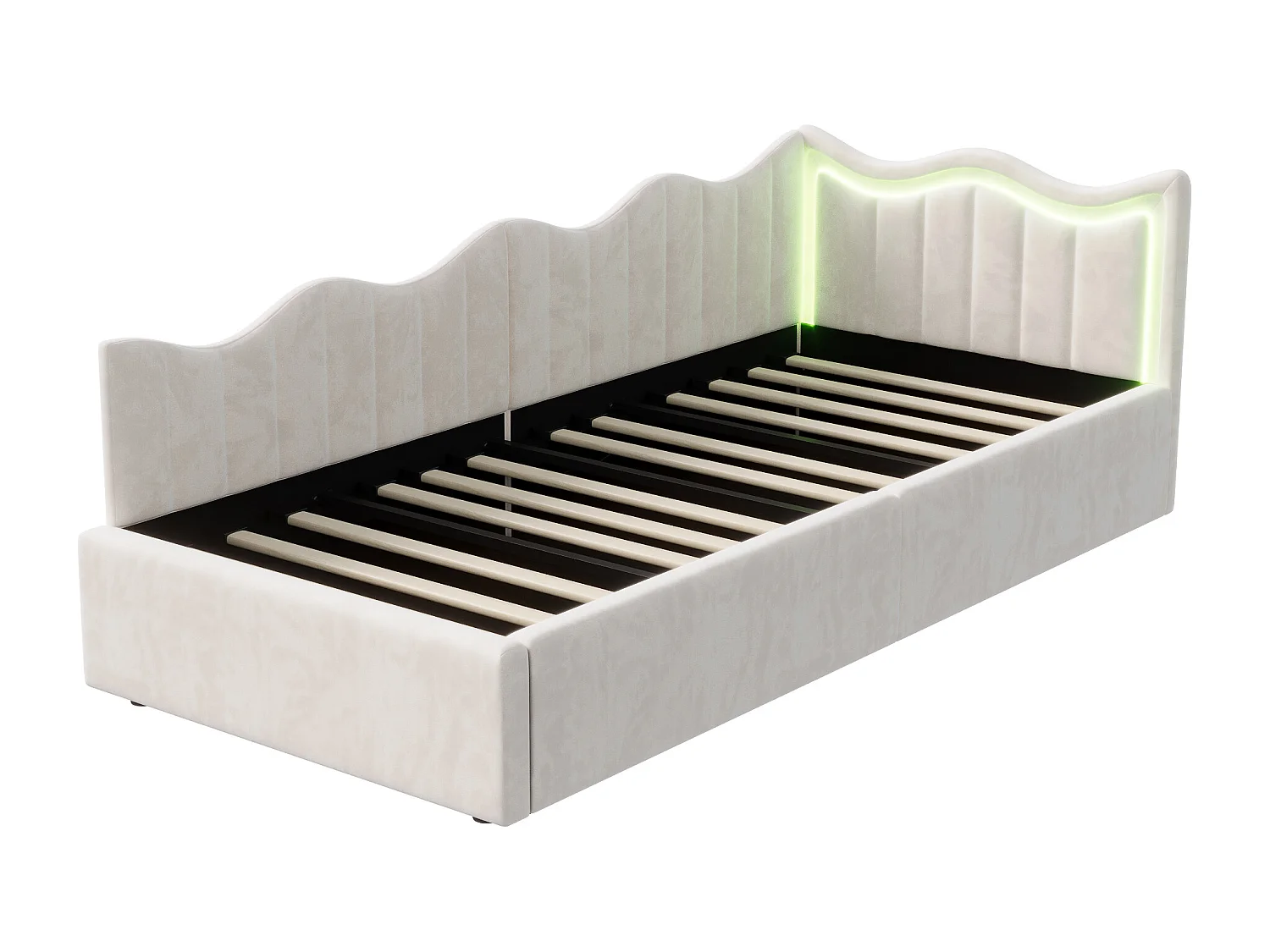 Sofá-cama infantil 90×200 cm com compartimento de arrumação e luzes LED multicoloridas – Tecido de pelúcia bege