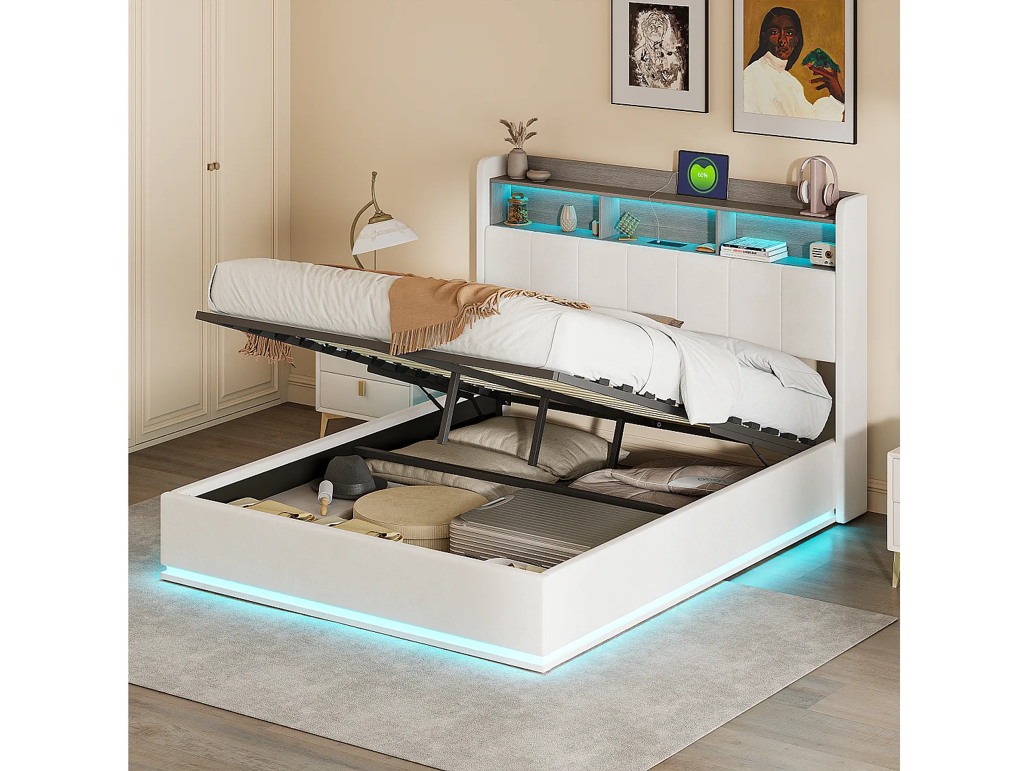 Lit 140×200 cm coffre avec LED, sommier à lattes, ports USB et Type-C – Velours Blanc