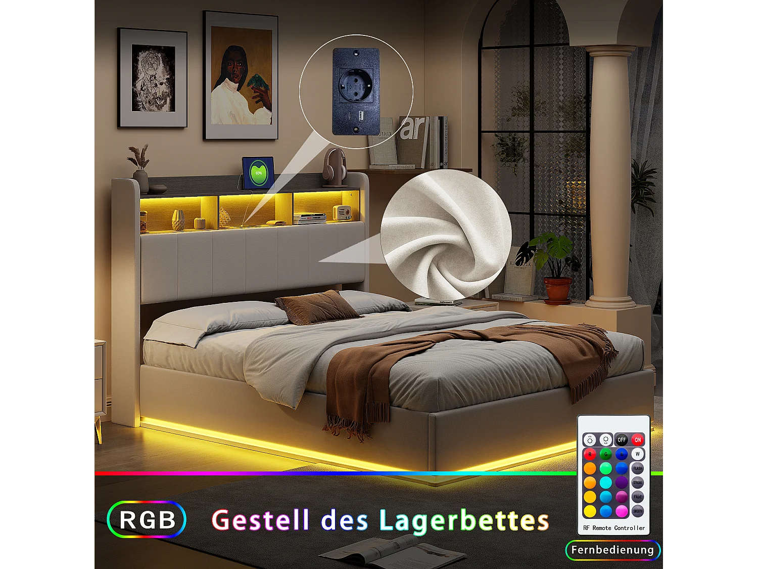 Lit 140×200 cm coffre avec LED, sommier à lattes, ports USB et Type-C – Velours Blanc