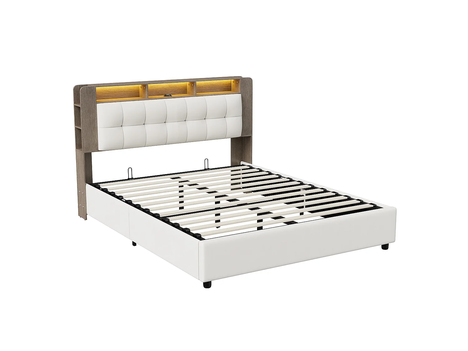 Cama almacén terciopelo blanco 160×200 cm, cabecero con almacenamiento, tiras LED, capacidad 300kg
